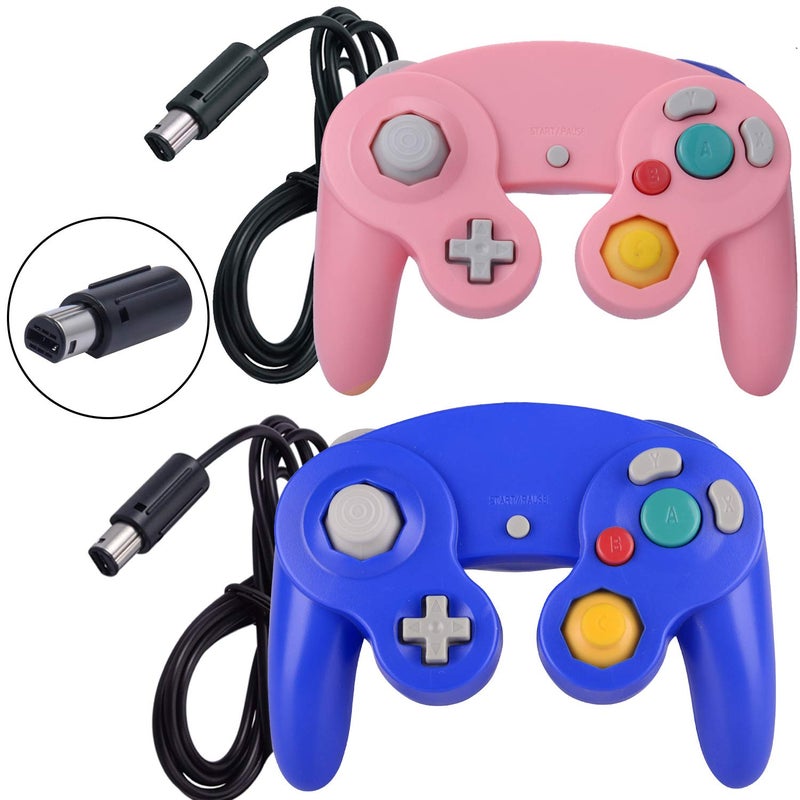 ONE250 2 Pack Classic Shock Joypad Wired Controller, Compatible with Wii NGC Gamecube Game Cube (Blue & Pink) - Image 1